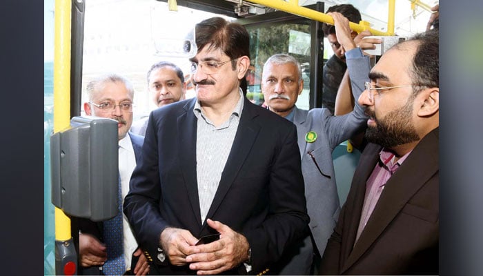 Sindh CM Syed Murad Ali Shah being briefed by officials about the Automated Fare Collection Smart Card System during a launching ceremony of the Automated Fare Collection Smart Card System organized by Sindh Transport Department at a local hotel in Karachi on May 4, 2024. — PPI