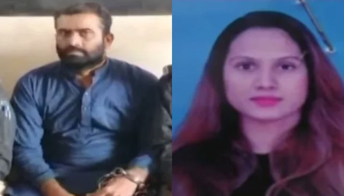 Police constable Mir Hasan (left) is handcuffed in police custody and victim Maryam Bibis file photo (right). —Screengrab/Geo News