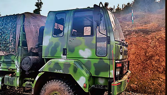 The damaged IAF truck in Poonch, IIOJ&K ,after being targeted in an ambush.  — ANI/File