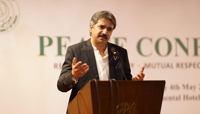 Sindh Assembly Speaker Syed Awais Qadir Shah speaks at The Peace Conference on May 5, 2024. — Facebook/Syed Awais Qadir Shah