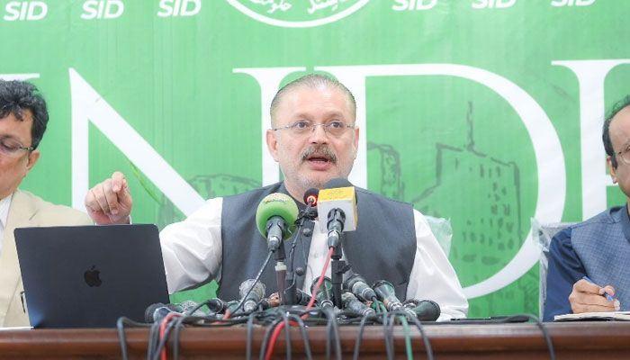 Sindh’s senior minister for transport & mass transit, excise & taxation (E&T), narcotics control and information Sharjeel Memon speaks during a press conference on May 6, 2024. — Facebook/Sharjeel Inam Memon