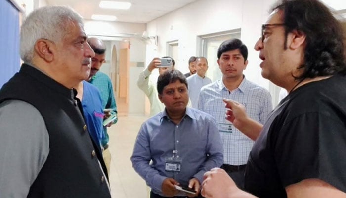 Provincial Minister of Specialised Healthcare and Medical Education Department Khawaja Salman Rafique is being briefed during a visit to the Punjab Institute of Cardiology (PIC) on May 6, 2024. — Facebook/Khawaja Salman Rafique