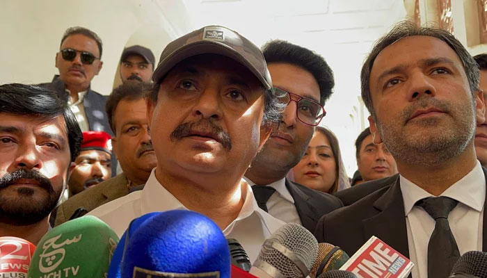 PTI leader and former opposition leader in the Sindh Assembly Haleem Adil Sheikh speaks with the media on November 25, 2023. — Facebook/Haleem Adil Sheikh