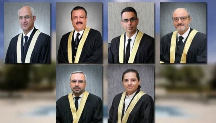 IHC judges (top left to bottom right) Justice Mohsin Akhtar Kiyani, Justice Tariq Mehmood Jahangiri, Justice Babar Sattar, Justice Sardar Ejaz Ishaq Khan, Justice Arbab Muhammad Tahir, and Justice Saman Fafat Imtiaz. — IHC website/File