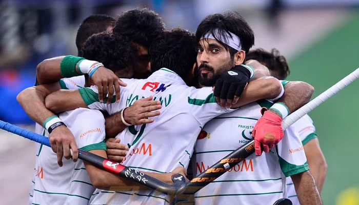 A representational image showing Pakistan hockey team players celebrate after securing a goal. — Facebook/Flash Sukan/File