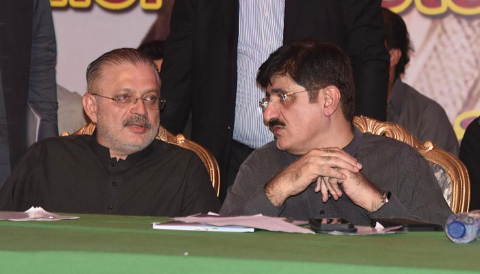 Sindh CM Syed Murad Ali Shah exchanges views with Senior Provincial Minister Sharjeel Inam Memon on the occasion of the divisional interaction meeting with PPP workers at Sukkur, Sindh on May 7, 2024. — Facebook/Sindh Chief Minister House