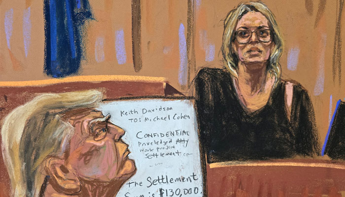 A representational courtroom sketch. showing Former US president Donald Trump watching Stormy Daniels being questioned by prosecutor Susan Hoffinger during Trumps criminal trial at a Manhattan state court in New York City, on May 7, 2024. — Reuters