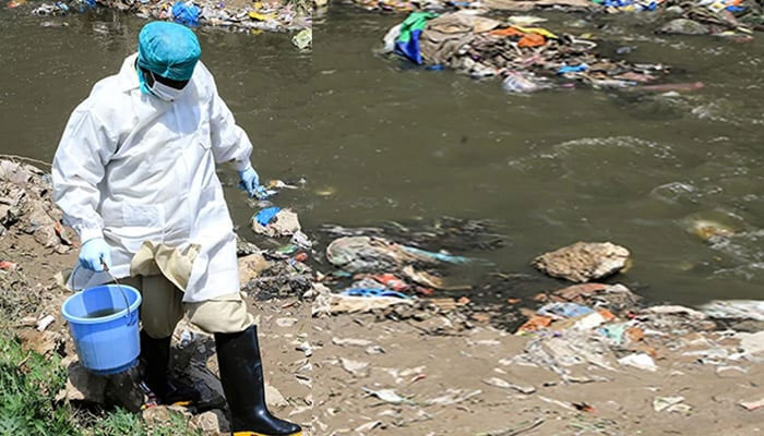 A researcher collects samples from a sewerage waterway in this image. — Pakistan Polio Eradication Programme website/File