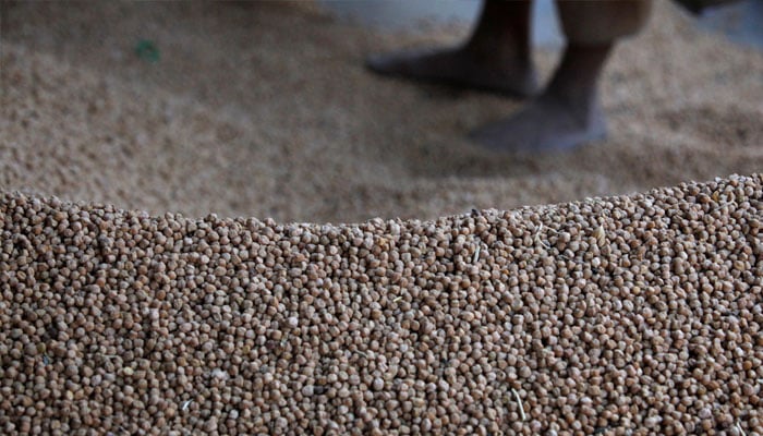 A mound of chickpeas is seen as they are packaged to sell at a wholesale market in Karachi. — Reuters/File