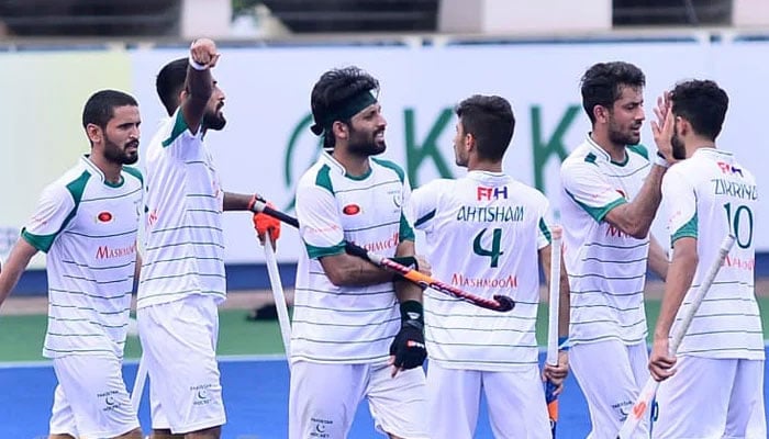 Pakistan hockey team celebrates after scoring a goal in this undated photo. — Flash Sukan/File