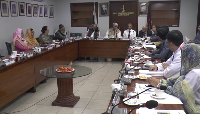 In this still, Punjab Health Minister Khawaja Salman Rafique chairs the 37th syndicate meeting of Fatima Jinnah Medical University (FJMU) on May 8, 2024. — Facebook/Khawaja Salman Rafique