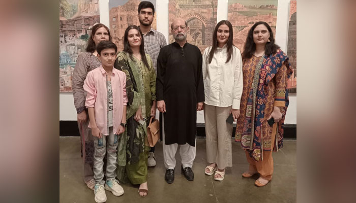Artist and social advocate Jimmy Engineer poses for a group photo with others during an exhibition at Zahoor-ul-Akhlaq Gallery, National College of Arts (NCA), Lahore on May 8, 2024. — Facebook/Jimmy Fali