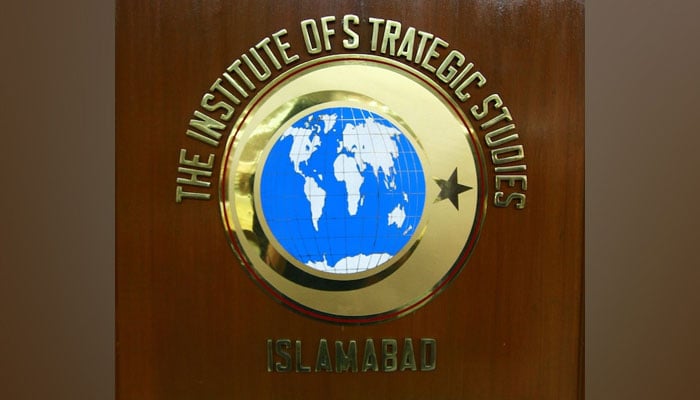 This image shows a wall showing the logo of the Institute of Strategic Studies Islamabad. — Facebook/Institute of Strategic Studies Islamabad/File