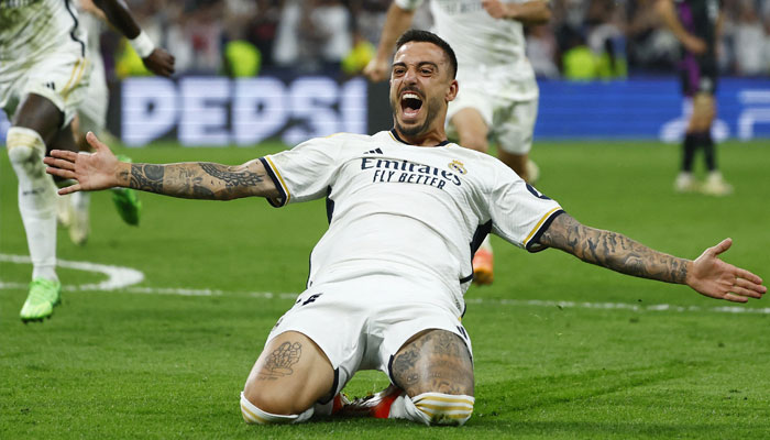 Real Madrids Joselu celebrates scoring their second goal in this photo taken on May 8, 2024. —Reuters