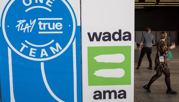 A WADA logo is seen at the World Anti-Doping Agency (WADA) Symposium in Lausanne, Switzerland, March 12, 2024. — Reuters
