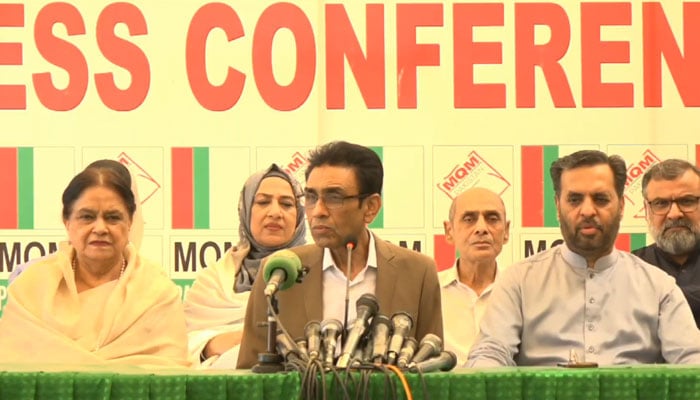 Dr Khalid Maqbool Siddiqui, the convener of the MQM-Pakistan speaks during a press conference at Pakistan House on May 9, 2024. — Facebook/Syed Mustafa Kamal