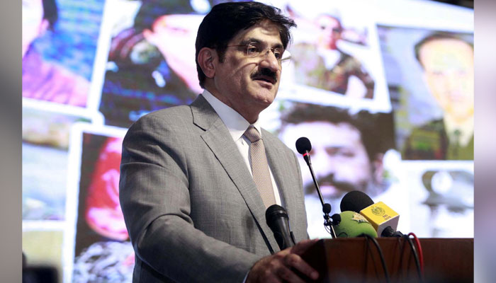 Sindh CM Syed Murad Ali Shah addresses during the Paigham-e-Aman on the completion of one year of the May 9 tragedy organized by Sindh Information Department in Karachi on May 9, 2024. — PPI