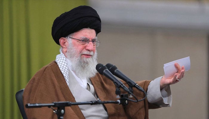 A handout picture provided by the office of Irans Supreme Leader Ali Khamenei shows him speaking during a ceremony in Tehran on May 1, 2024. — AFP