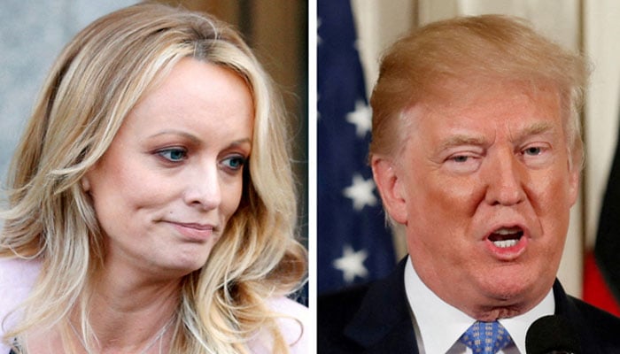 A combination photo shows adult film actress Stephanie Clifford, also known as Stormy Daniels speaking in New York City, and then- US President Donald Trump speaking in Washington, Michigan, US on April 16, 2018 and April 28, 2018 respectively. — Reuters