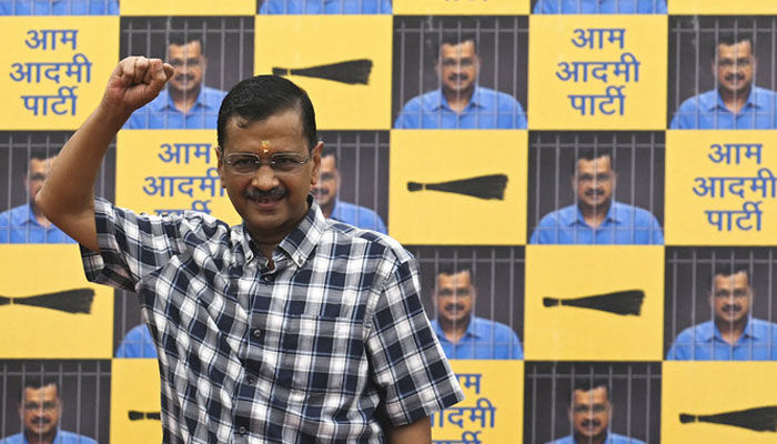 Aam Aadmi Party leader and Delhi Chief Minister Arvind Kejriwal gestures during a press conference at the party headquarters in New Delhi on May 11, 2024. — AFP