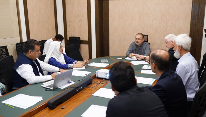 Sindh Provincial Minister for Information, Transport, and Mass Transit Sharjeel Inam Memon chairs a high-level meeting on the Red Line Bus Rapid Transit (BRT) project in Karachi on May 11, 2024. — Facebook/Sharjeel Inam Memon