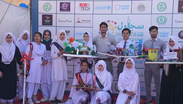 This representational image shows students pose for a picture with their projects at a Festival on February 23, 2024. — Facebook/Thar Education Alliance