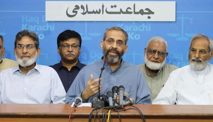Jamaat-e-Islami Karachi interim Emir Munam Zafar speaks during a press conference on April 25, 2024. — Facebook/Jamaat e Islami Karachi