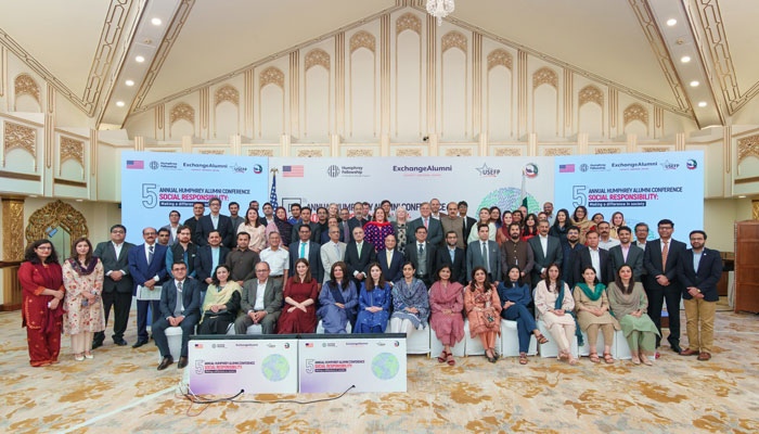 Participants pose for a group photo at the 5th Hubert H. Humphrey Alumni Conference organised by USEFP on May 13, 2024. — Facebook/United States Educational Foundation in Pakistan