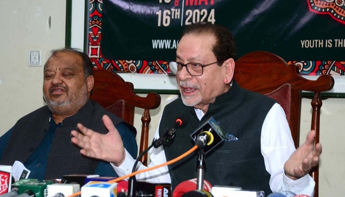 President Arts Council of Pakistan Karachi, Muhammad Ahmed Shah speaks during a press conference at the BUITEMS on May 13, 2024. — APP