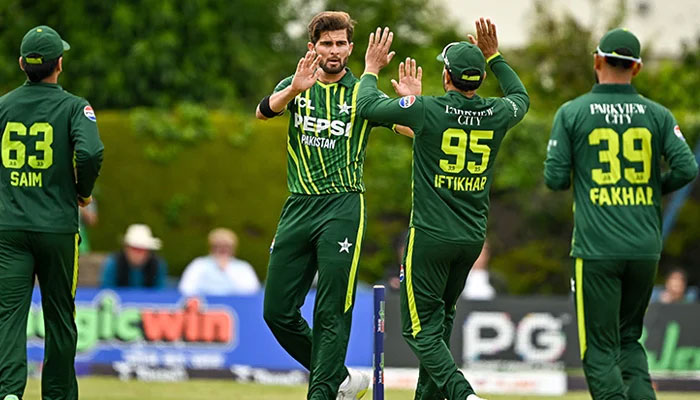 Pakistan players celebrate after taking a wicket during the third and final T20I against Ireland at Clontarf Cricket Club, Dublin, May 14, 2024. — PCB