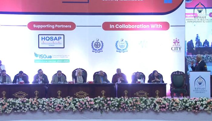 Participant speaks during the 7th International Conference on Patient Safety (ICPS) at Jinnah Convention Center  on May 11, 2024. — Facebook/RIHIS-Riphah Institute of Healthcare Improvement & Safety