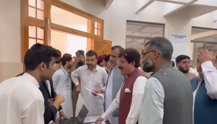 In this still, students briefs their final projects to the Commissioner of Mardan division Shaukat Ali Yousafzai (C) at the University of Engineering and Technology (UET) Mardan on May 15, 2024. — Facebook/UET Mardan