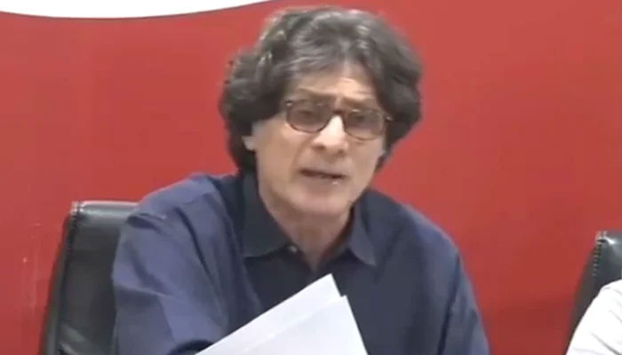 PTI secretary information Raoof Hasan addresses the press conference in Islamabad on April 20, 2024. — Screengrab/Geo News