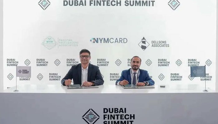 The photo shows Shiraz Ali (L), CBO, NymCard and Ibrahim Amin, Chairman, Dellsons at the Dubai Fintech Summit. — NymCard/File