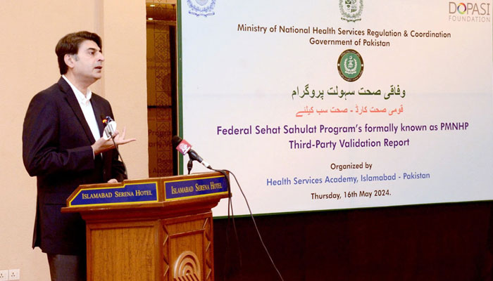 Coordinator to PM on National Health Services Regulations and Coordination Dr. Malik Mukhtar is addresses Third-party validation of Sehat Sahulat Program, Ministry of National Health Services Regulations and Coordination on May 16, 2024. —  APP