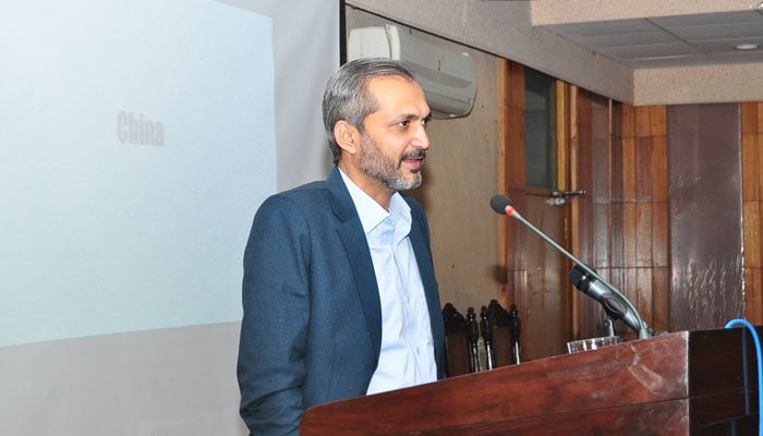 AIERD Chief Executive Officer (CEO) Shakeel Ahmed Ramay delivers a lecture at QAU China-Middle East relation December 18, 2023. — X/@ShakeelRamay