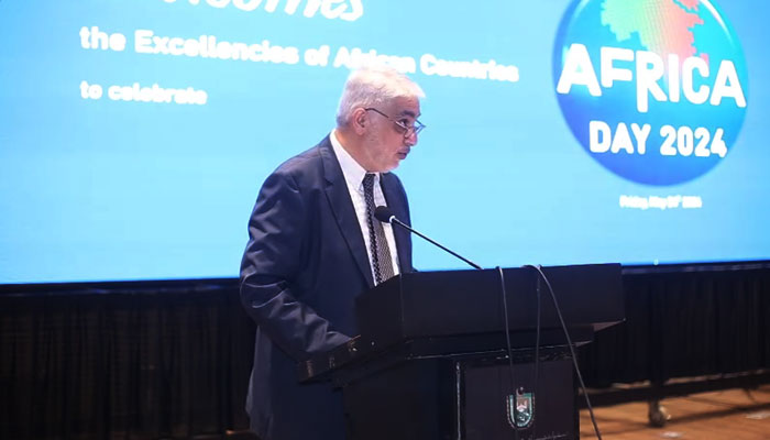 In this still, Additional Foreign Secretary Shehryar Akbar Khan addresses the Africa Day ceremony organized by ICCI on May 25, 2024. — Facebook/Islamabad Chamber of Commerce & Industry
