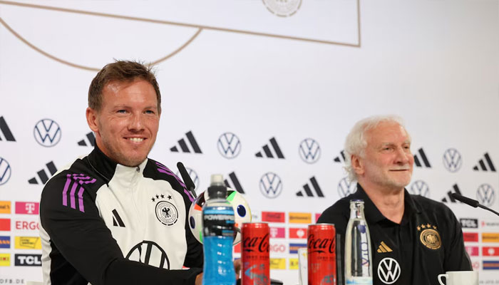 Germany head coach Julian Nagelsmann with DFB mens national team sports director Rudi Voller during the press conference. — Reuters/file