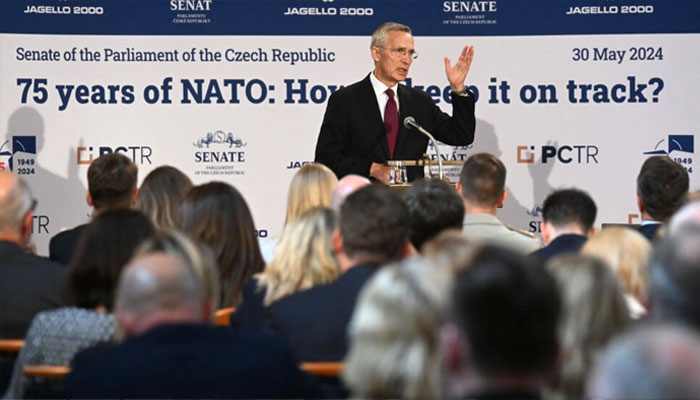 NATO Secretary General Jens Stoltenberg speaking to a meeting in in Prague on May 30, 2024.— AFP