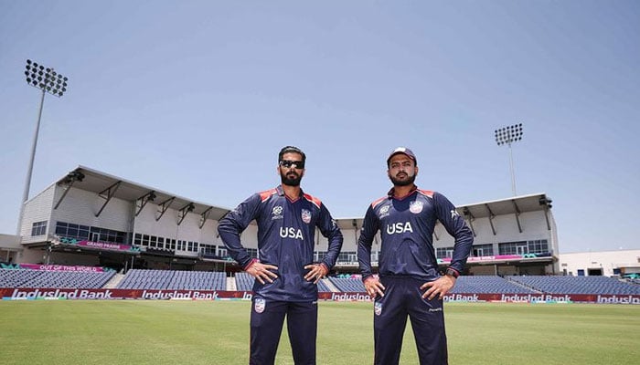Ali Khan and Monank Patel of the USA pose prior to the ICC Mens T20 Cricket World Cup 2024 match between USA and Canada at Grand Prairie Cricket Stadium on May 29, 2024 in Dallas, Texas.— AFP