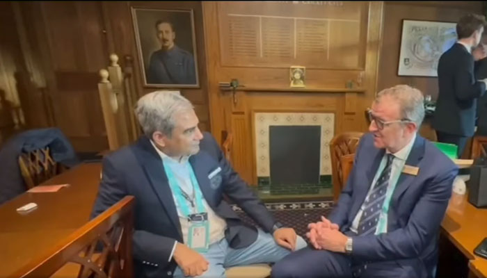 Pakistan Cricket Board (PCB) Chairman Mohsin Naqvi (left) meets ECB Chairman Richard Thompson on June 1, 2024. — Screengrab via Facebook/PakistanCricketBoard