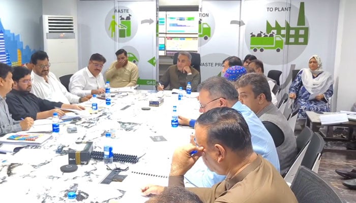 Sindh Solid Waste Management Board (SSWMB) Managing Director Syed Imtiaz Ali Shah chairs a meeting regarding a strategic plan for Eidul Azha arrangements on June 2, 2024. — Screengrab via Facebook/Sindh Solid Waste Management Board Official
