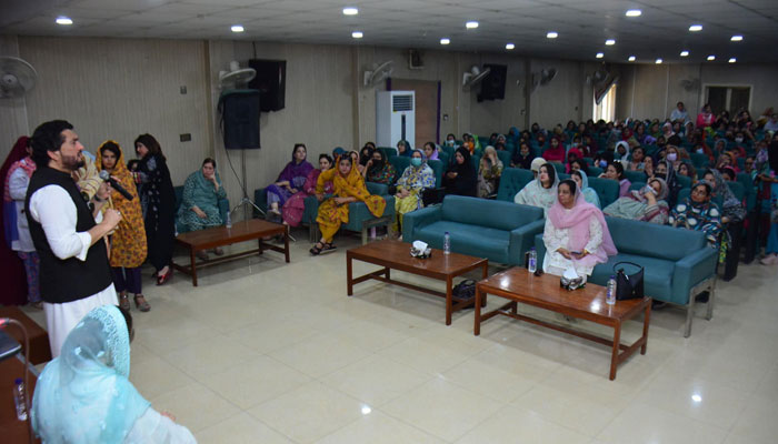 National Assembly member and PTI leader Shehryar Afridi addresses a seminar at Shaheed Benazir Bhutto Women University (SBBWU) Peshawar on May 30, 2024. — Facebook/Shehryar Khan Afridi