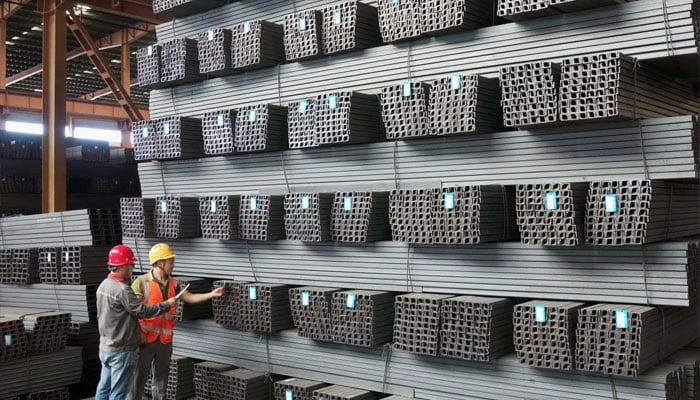 Two workers seen in front of steel pipes.— Xinhua/file