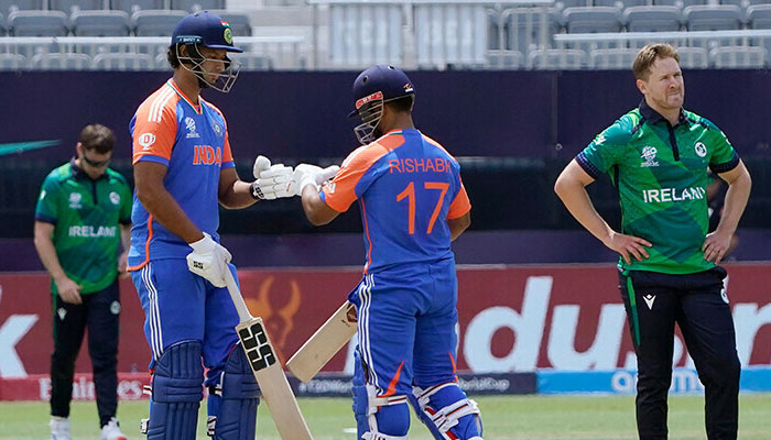 India’s Rishabh Pant (C) celebrates his team’s win with teammate Shivam Dube after the ICC men’s Twenty20 World Cup 2024 group A cricket match between India and Ireland at Nassau County International Cricket Stadium in East Meadow, New York, on June 5, 2024. — AFP