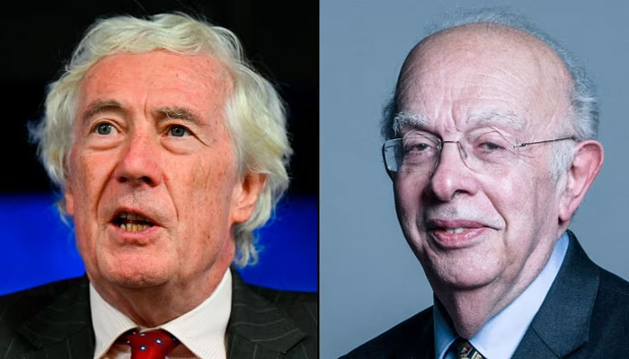 Jonathan Sumption, left, said he would make a statement about his resignation in time, while Lawrence Collins cited the ‘political situation’ — APP/Reuters/file