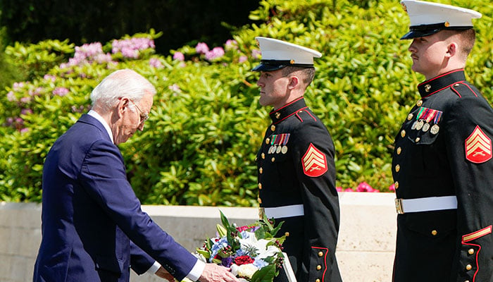 US President Joe Biden attends a wreath laying ceremony at Aisne-Marne American Cemetery in Belleau, France, June 9, 2024. — Reuters