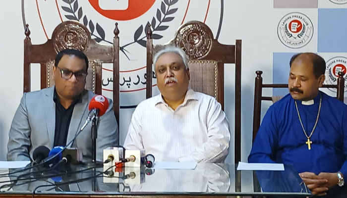 Bishop Naeem Parshad (C) with others addresses a press conference at Lahore Press Club on June 10, 2024. — Facebook/Naeem Parshad
