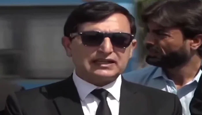 PTI Chairman Barrister Gohar speaks with journalists outside the Adiala jail in Rawalpindi on June 11, 2024, in this still taken from a video. — YouTube/Geo News Live