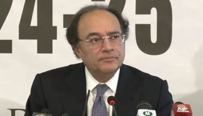 Finance Minister Muhammad Aurangzeb addressing the post-budget press conference in Islamabad, on June 13, 2024. — Screengrab/GeoNews